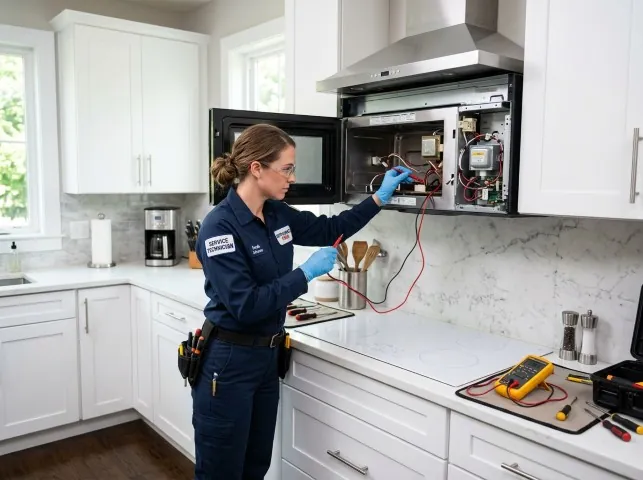 Appliance Repair Hero technician testing an over-the-range microwave in a Belfair, WA kitchen